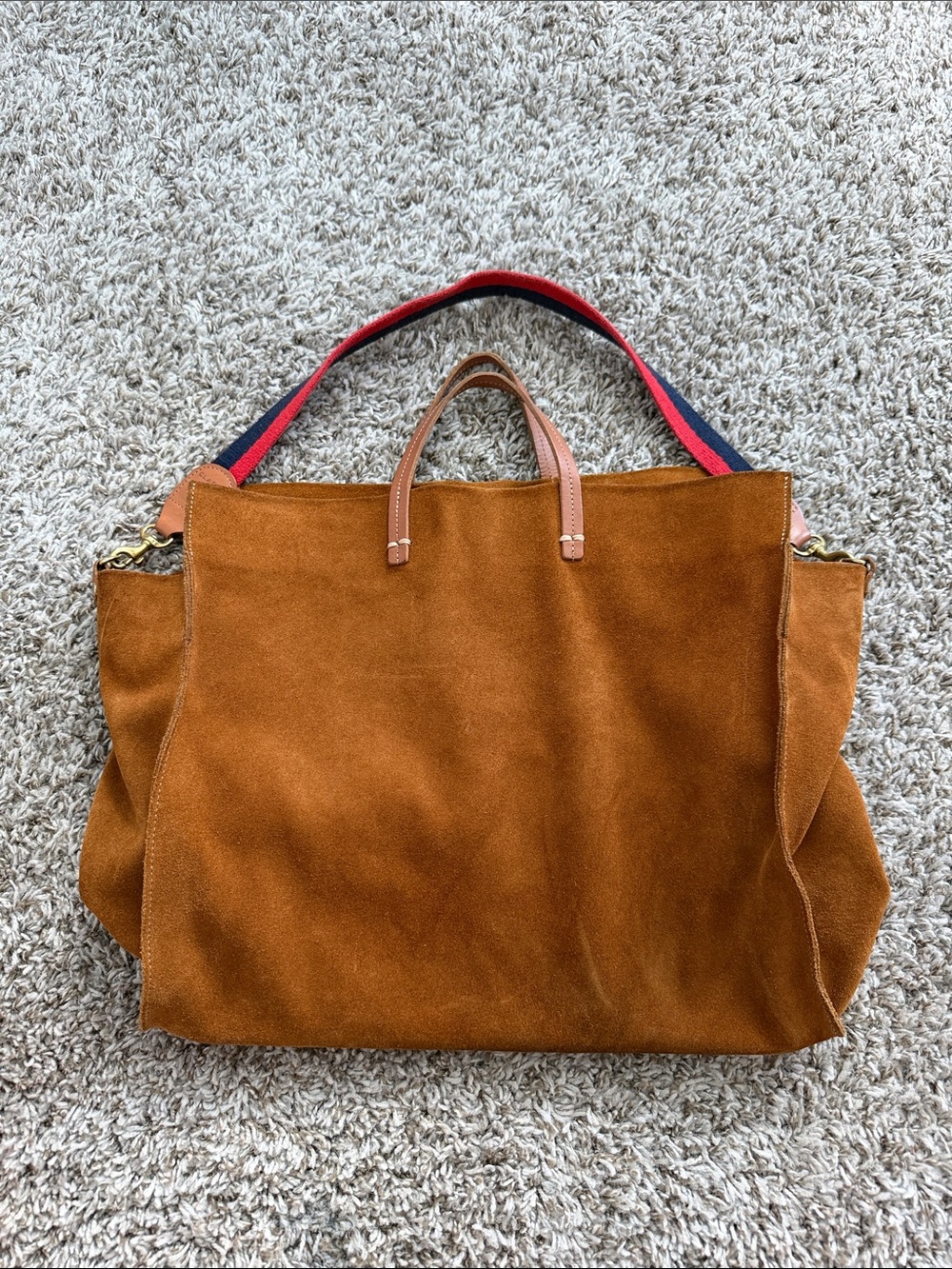 Clare V. Suede Tote Bag with Red & Navy Web Strap - Tan Suede